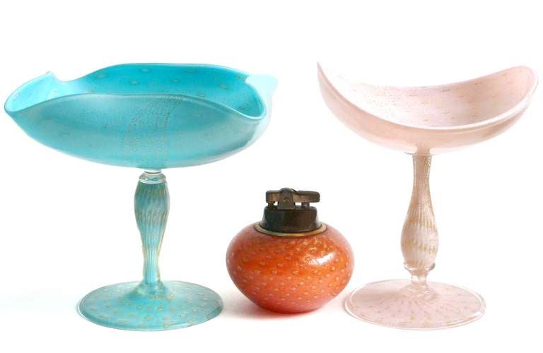 Alfredo Barbini Murano Gold Flecks Blue and Pink Italian Art Glass Compote Candy Bowls