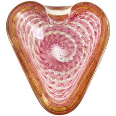 Vintage Barovier Toso Murano Gold Flecks Pink Ribbon Italian Art Glass Heart Bowl