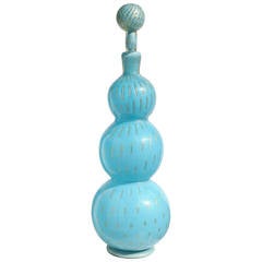 Alfredo Barbini Murano Blue Gold Flecks, Italian Art Glass 1950s Decanter 12