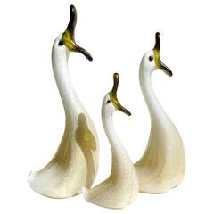 Seguso Vetri D' Arte Murano White Gold Italian Art Glass Singing Duck Sculptures 1
