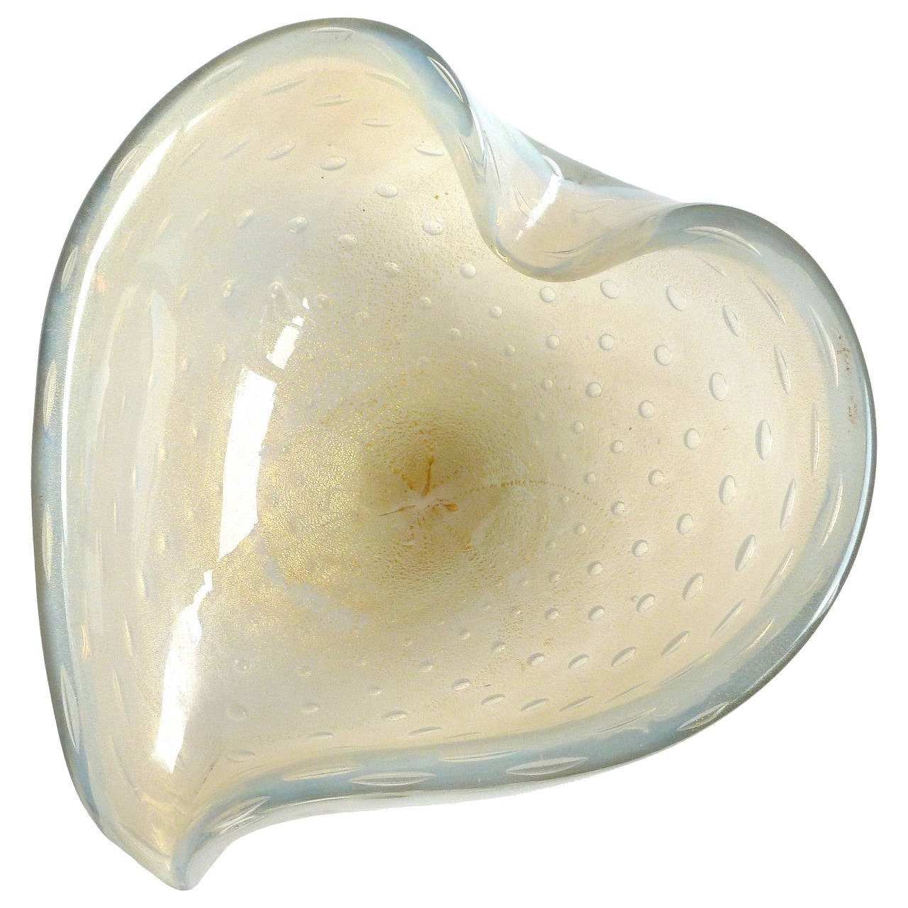 Murano Gold Flecks, Opalescent and Bubbles Italian Art Glass Heart Bowl
