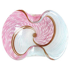 Murano Pink White Blue Zanfirico Ribbons Italian Art Glass Decorative Bowl