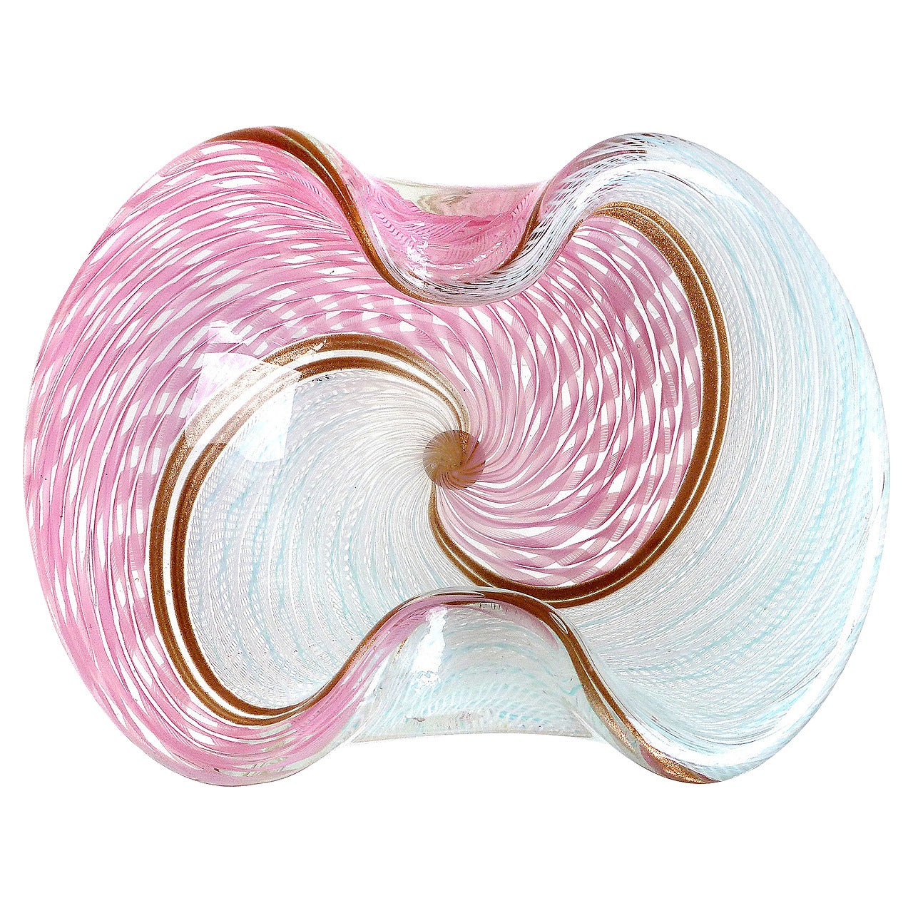 Murano Pink White Blue Zanfirico Ribbons Italian Art Glass Decorative Bowl
