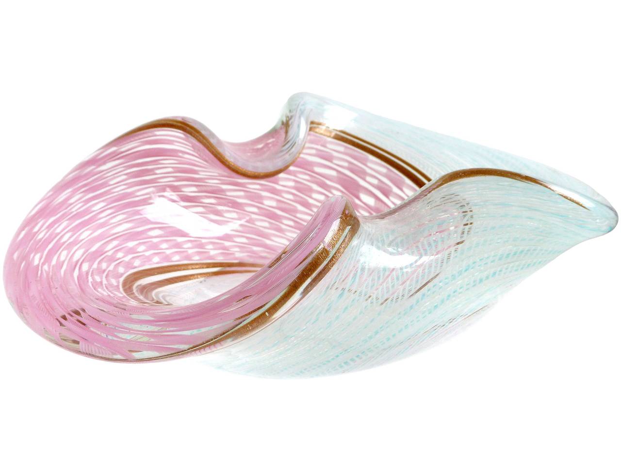 FREE Shipping Worldwide! See details below description.

Incredible Murano handblown half pink, half white and blue zanfirico ribbons and copper aventurine flecks art glass bowl. Created in the manner of designer Dino Martens, and of the Fratelli