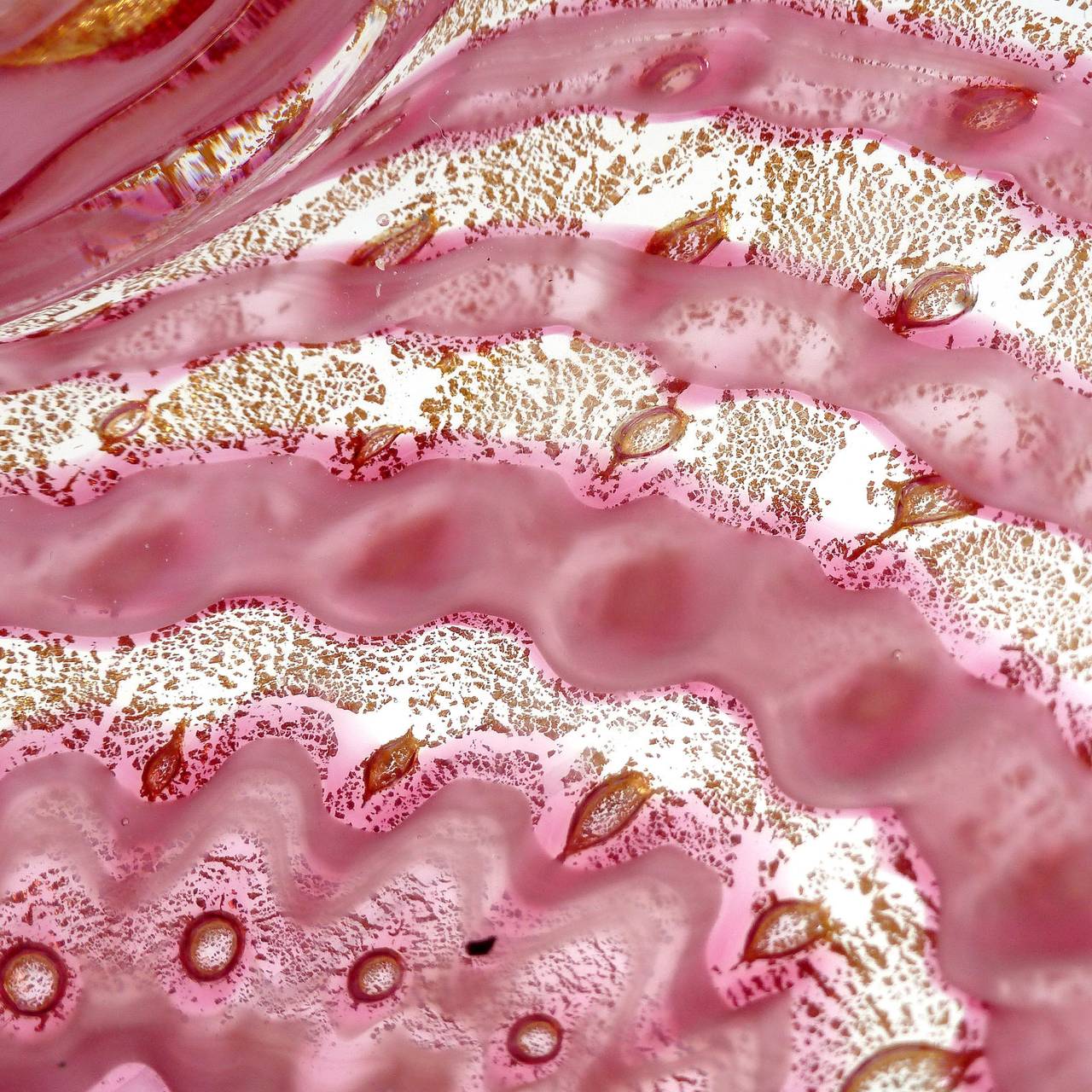 Mid-Century Modern Barovier Toso Murano Gold Flecks Pink Ribbon Italian Art Glass Heart Bowl