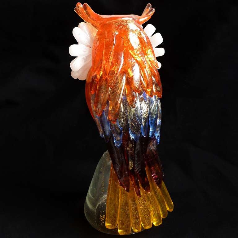 AVEM Murano Gold Flecks Applied Feathers Italian Art Glass Owl Bird Sculpture 1