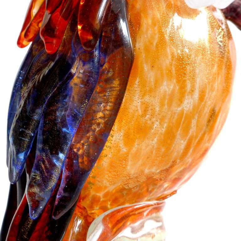 Mid-Century Modern AVEM Murano Gold Flecks Applied Feathers Italian Art Glass Owl Bird Sculpture