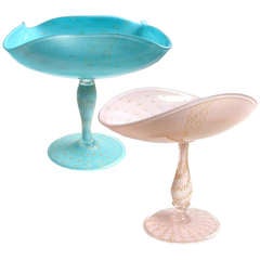 Alfredo Barbini Murano Gold Flecks Blue and Pink Italian Art Glass Compote Candy Bowls