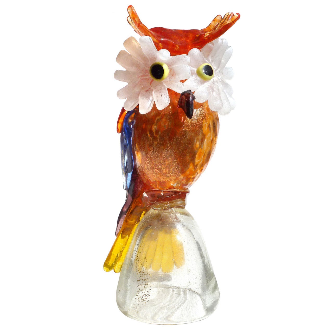 AVEM Murano Gold Flecks Applied Feathers Italian Art Glass Owl Bird Sculpture