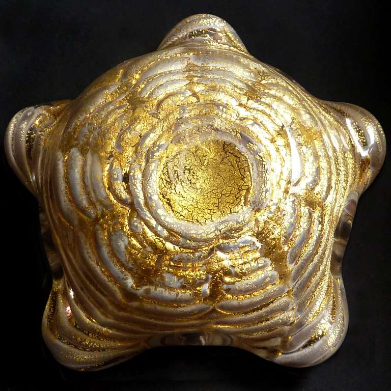 Ercole Barovier Murano Gold Flecks Italian Art Glass Open Flower Decorative Bowls 1
