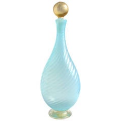 Murano Blue Opalescent, Gold Flecks, Ribbed Surface Italian Art Glass Decanter 12