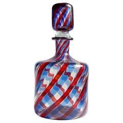 Retro Barovier e Toso Murano Blue, Red, Clear Ribbons Italian Art Glass Decanter