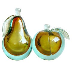 Vintage Alfredo Barbini Murano Sommerso Orange and Aqua Italian Art Glass Fruit Bookends