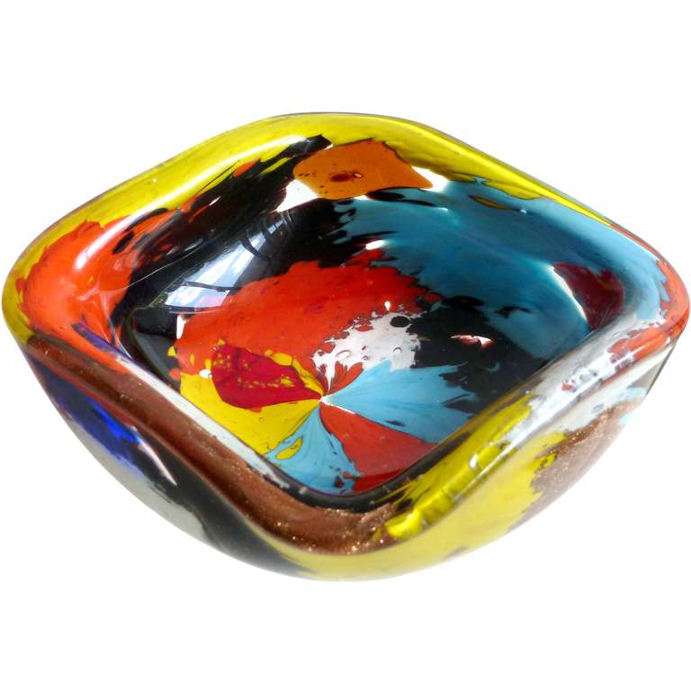 Free Shipping Worldwide! See details below description.

Colorful Murano Hand Blown Painted Style Art Glass Bowl with Aventurine Flecks. Documeted to Dino Martens for Aureliano Toso circa 1950s, in the 