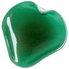 Seguso Vetri D' Arte Murano Gold Flecks, Green Italian Art Glass Heart Bowl