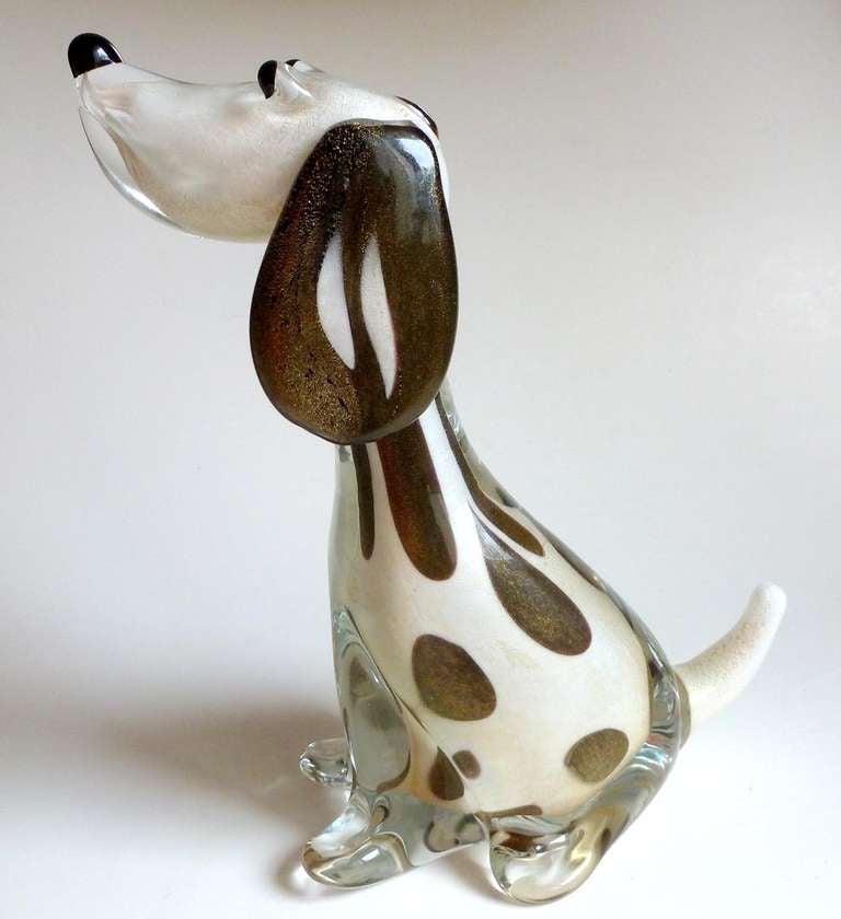 Rare and Very Cute Italian Murano Art Glass Dalmatian Puppy Dog Sculpture. Documented as an Alfredo Barbini piece, circa 1950 - 1960. The figure is published in his Weil Ceramics and Glass catalog. I have added photos on a black background to show