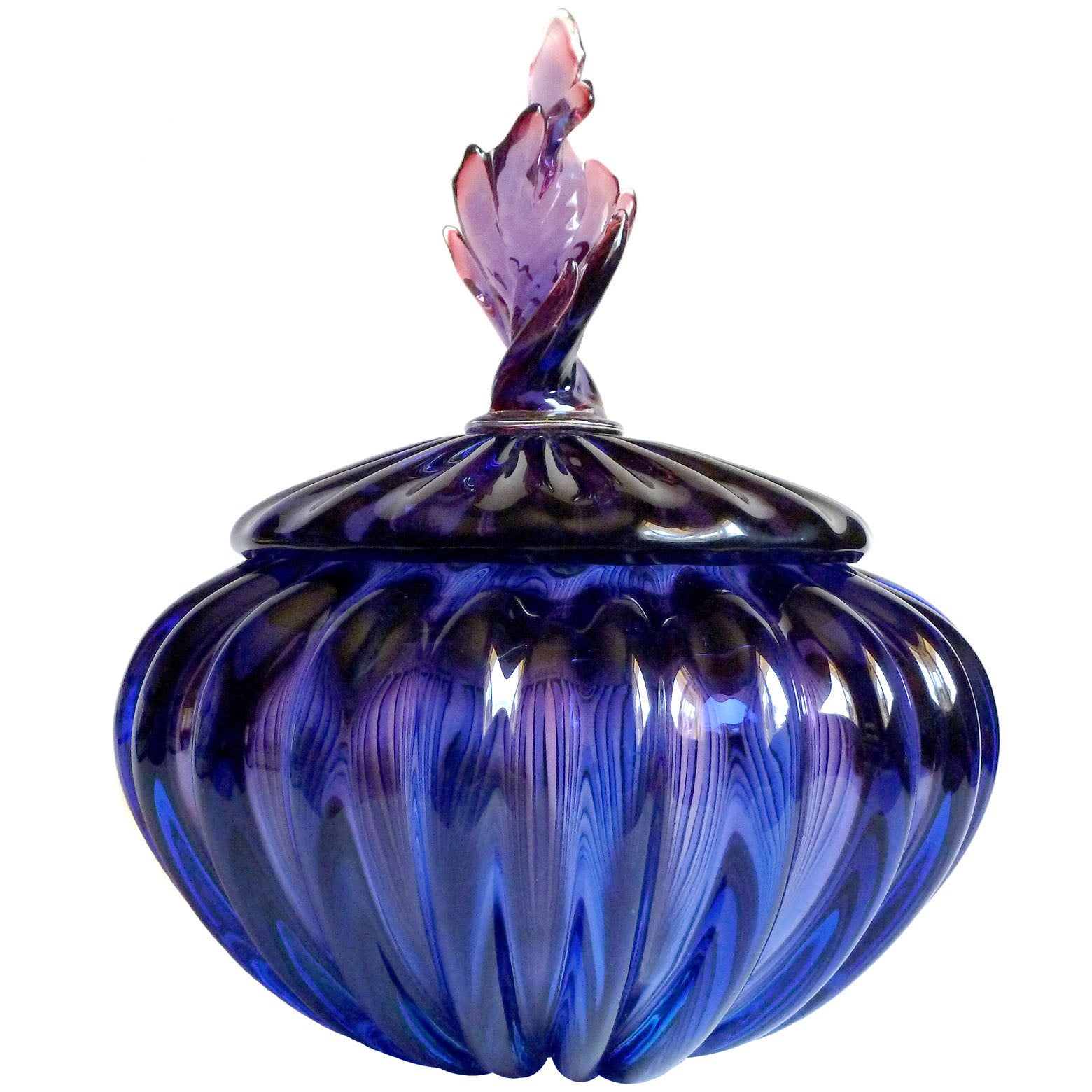 Barbini Murano Sommerso, Purple Flame Top Italian Art Glass Powder Box