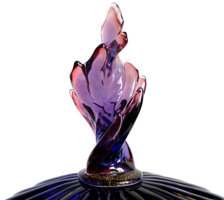 Mid-Century Modern Barbini Murano Sommerso, Purple Flame Top Italian Art Glass Powder Box