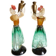Murano Pair of Vintage Wine Bearer Women Italian Art Glass Sculptures