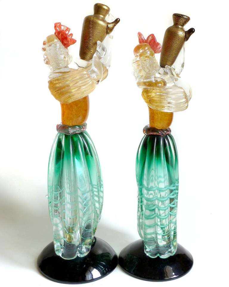Mid-Century Modern Murano Pair of Vintage Wine Bearer Women Italian Art Glass Sculptures