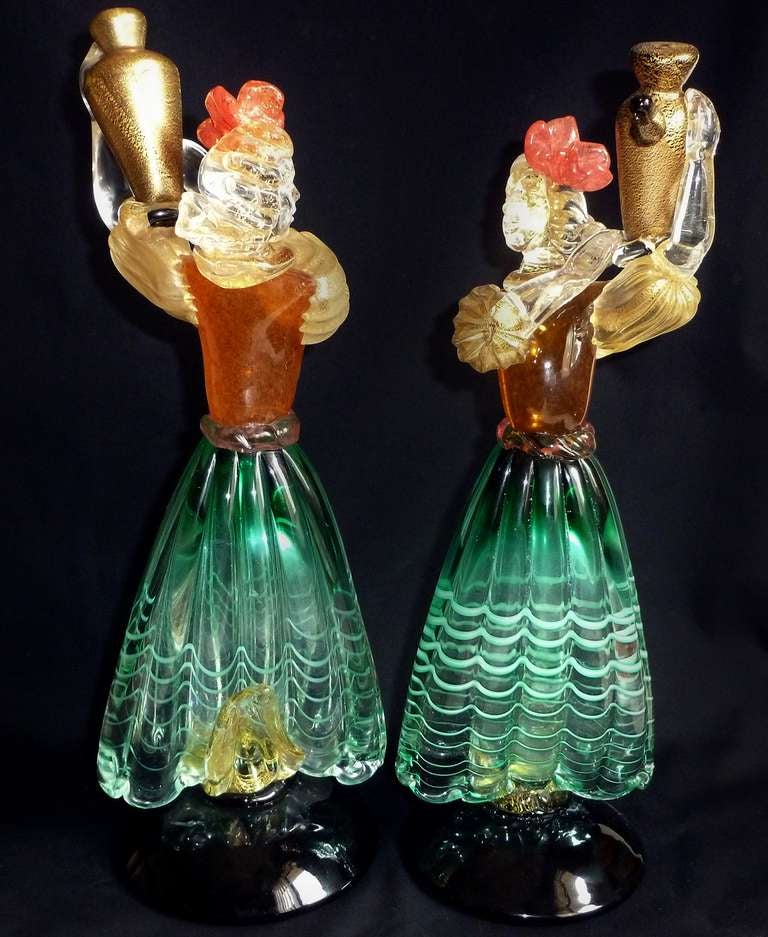 Mid-20th Century Murano Pair of Vintage Wine Bearer Women Italian Art Glass Sculptures