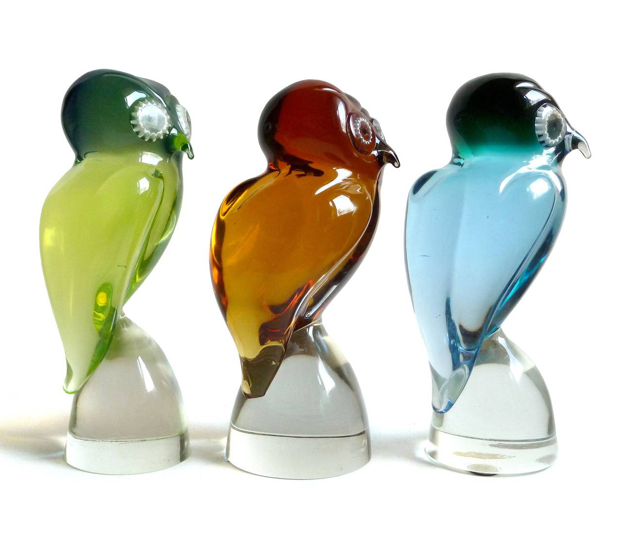 Salviati Murano Blue, Green, Orange Italian Art Glass Owl Bird Sculptures