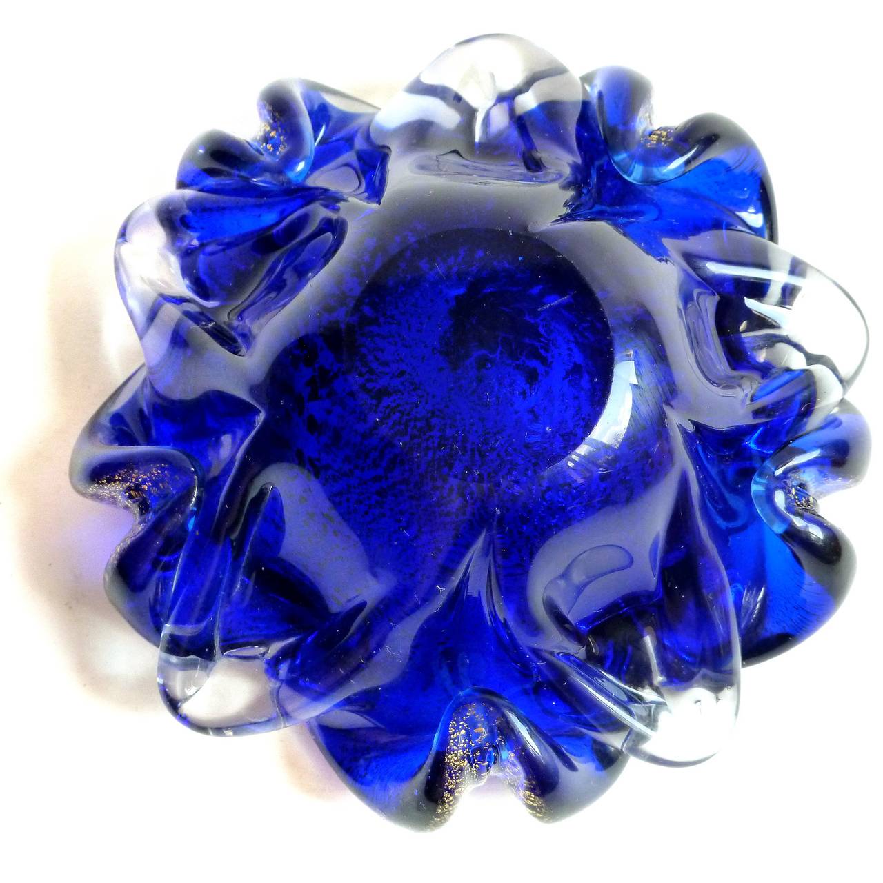 Mid-Century Modern Murano Cobalt Blue Gold-Flecked Open Flower Italian Art Glass Bowl