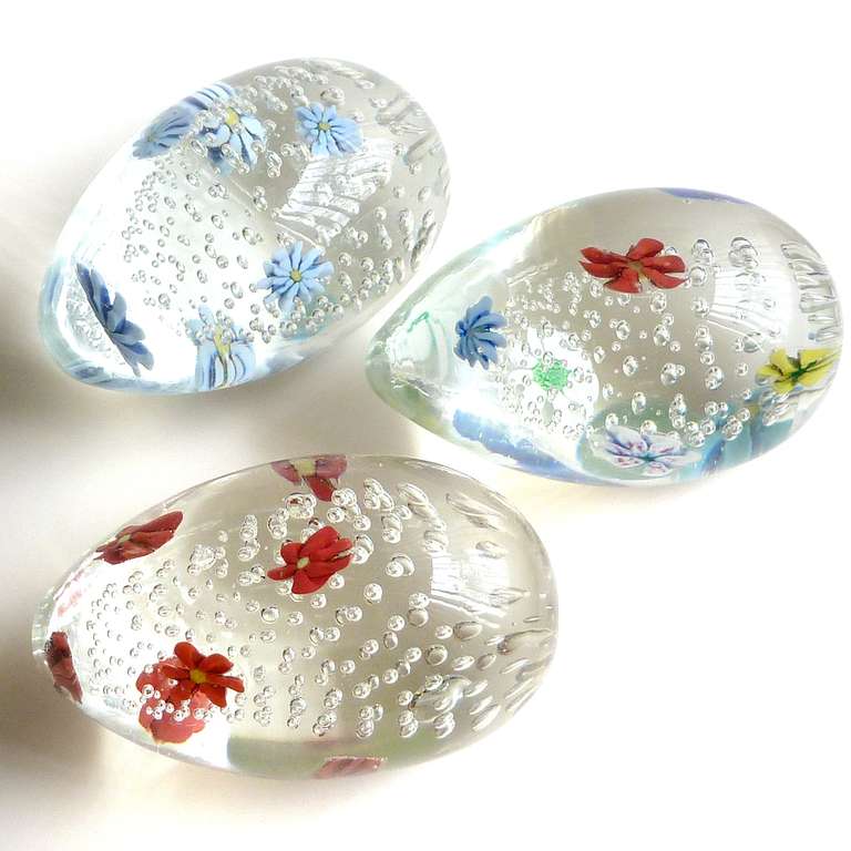 Mid-Century Modern Fratelli Toso Murano Millefiori Zanfirico Italian Art Glass Egg Paperweights Set
