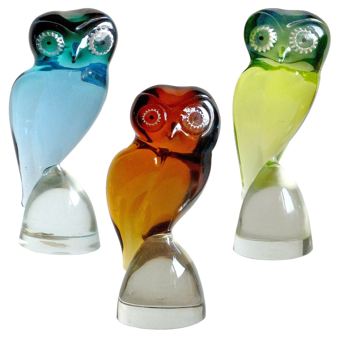 Salviati Murano Blue, Green, Orange Italian Art Glass Owl Bird Sculptures