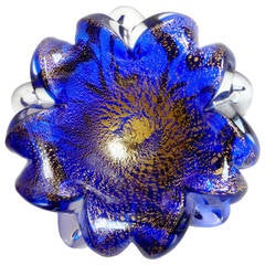 Murano Cobalt Blue Gold-Flecked Open Flower Italian Art Glass Bowl