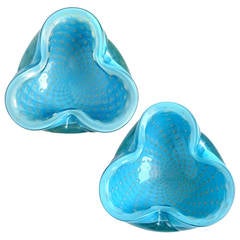 Alfredo Barbini Murano Blue and Gold Flecks Italian Art Glass, 1950s Bowl Set