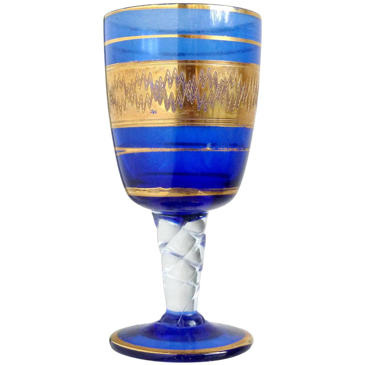 Mid-Century Modern Murano Venetian Quilted, Sapphire Blue and Gold Flecks Art Glass Dacenter Set