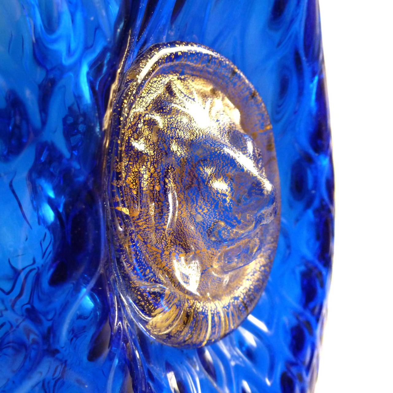 Italian Murano Venetian Quilted, Sapphire Blue and Gold Flecks Art Glass Dacenter Set