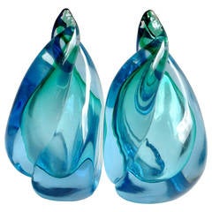 Alfredo Barbini Murano Sommerso Blue Green Flame Italian Art Glass Bookends