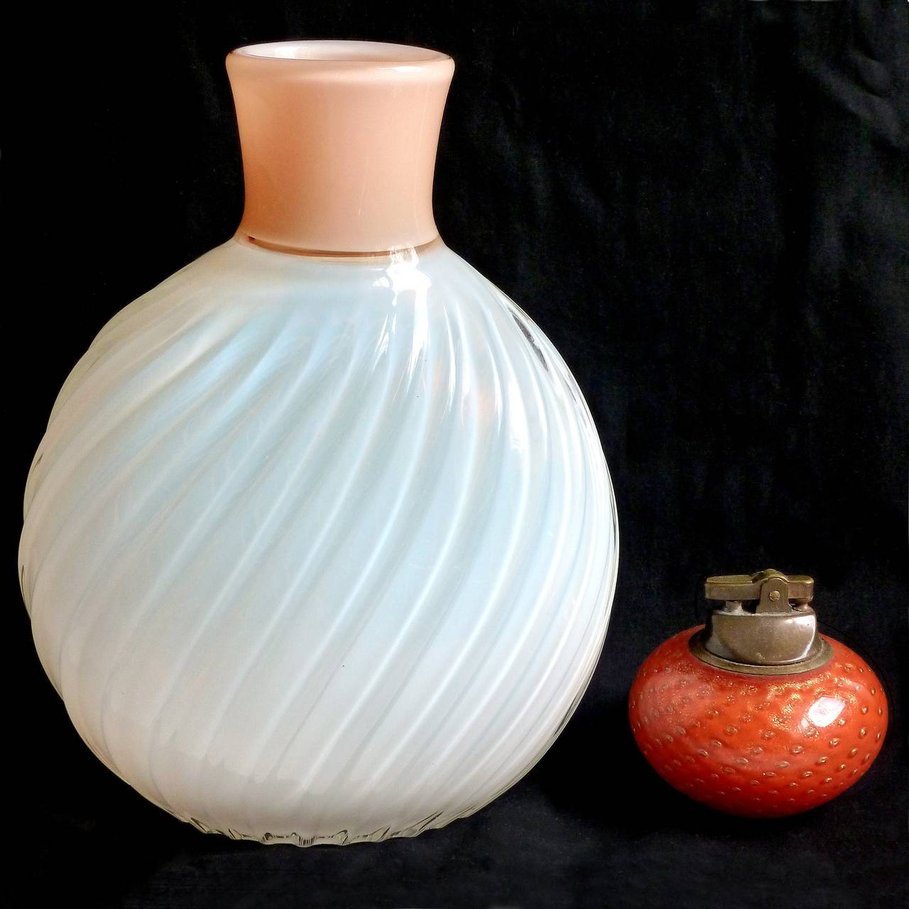 FREE Shipping Worldwide! See details below description.

Gorgeous Murano Hand Blown Opalescent White, with Peach Pink Rim Art Glass Flower Vase. Documented to designer Archimede Seguso, circa 1955, in the 