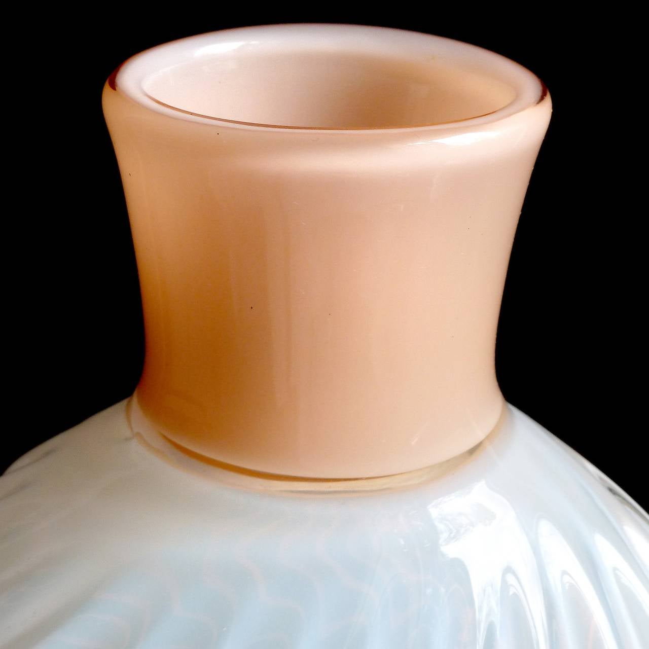 Mid-Century Modern Archimede Seguso Opal White Peach Pink Ribbed Italian Art Glass Flower Vase