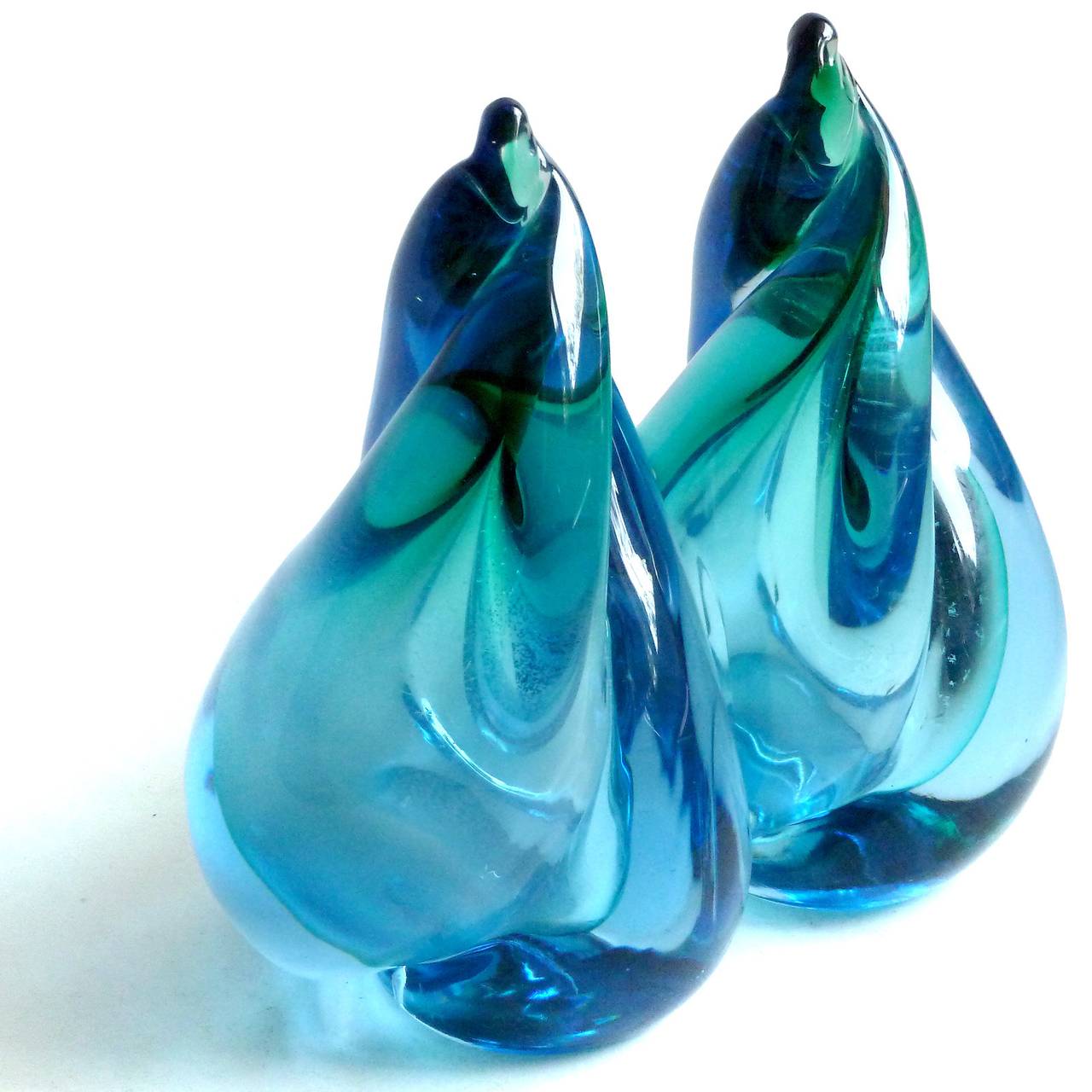 Space Age Alfredo Barbini Murano Sommerso Blue Green Flame Italian Art Glass Bookends