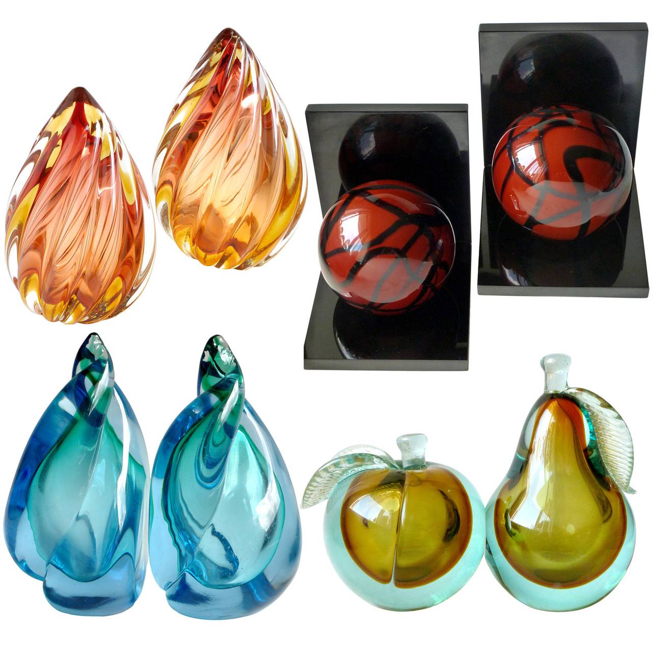 Alfredo Barbini Murano Sommerso Orange and Aqua Italian Art Glass Fruit Bookends In Excellent Condition In Kissimmee, FL