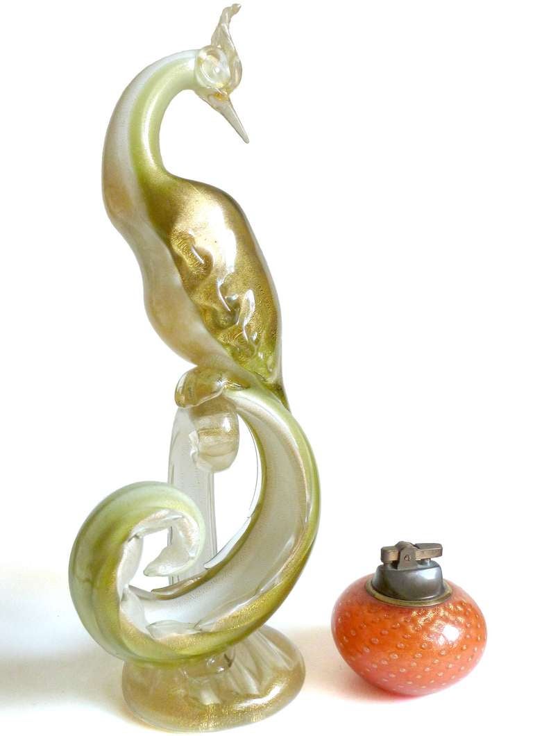 Gorgeous and Elegant Murano Cased White, Green and Gold Flecks Art Glass Pheasant Bird Of Paradise Sculpture Set. Documented to Alfredo Barbini, circa 1950, and published in his catalog. This is a matched pair, as you can see their tails flow