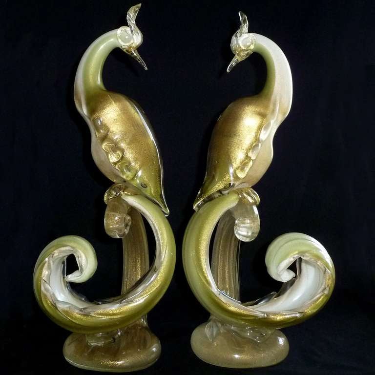 Barbini Murano Birds Of Paradise Italian Art Glass Pheasant Sculptures In Excellent Condition In Kissimmee, FL