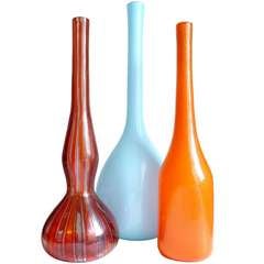 Vintage Fratelli Toso Murano Ribbons, Gold Flecks, Italian Art Glass Decanter Vases Set