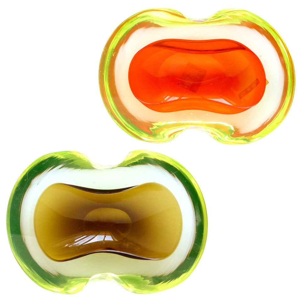 Antonio Da Ros Cenedese Murano Sommerso Italian Art Glass Uranium Geode Bowls