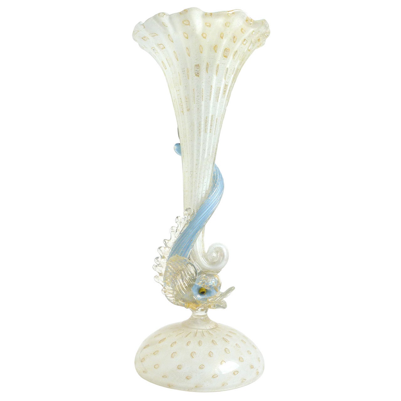 Salviati Murano White, Gold, Blue Fish Italian Art Glass Ruffled Flower Vase