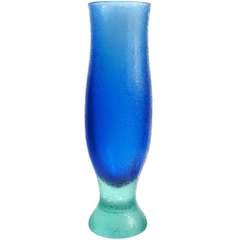 Archimede Seguso Murano Signed Corroso Sommerso Blue Art Glass Italian Vase