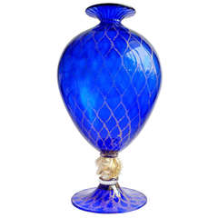 V. Nason Murano Sapphire Blue Gold Flecks Diamond Design Italian Art Glass Vase 5