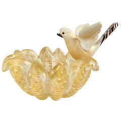 Ercole Barovier Toso Murano Gold Flecks Italian Art Glass Bird on Flower Bowl