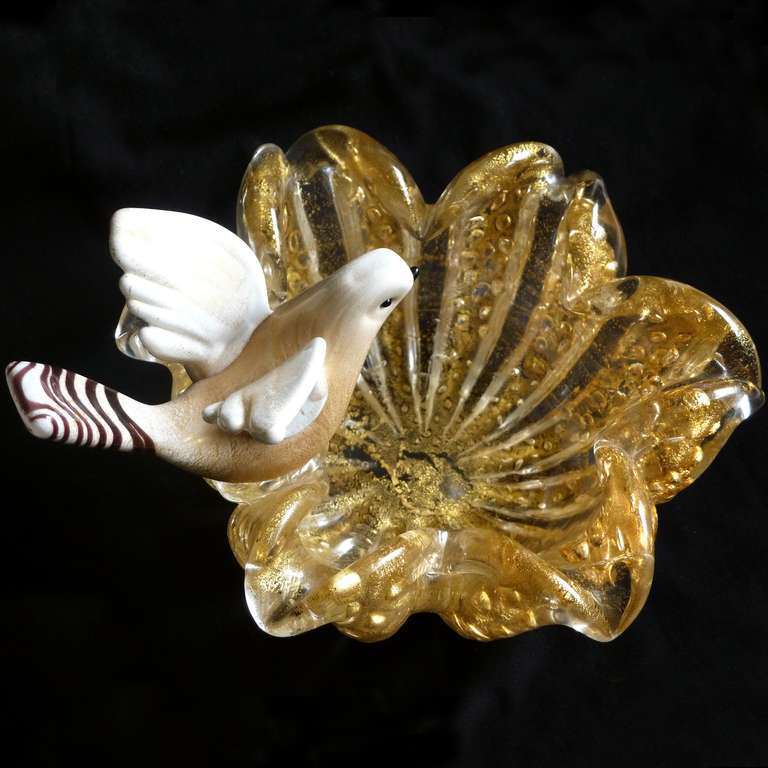 Blown Glass Ercole Barovier Toso Murano Gold Flecks Italian Art Glass Bird on Flower Bowl