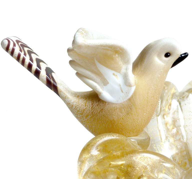 Mid-Century Modern Ercole Barovier Toso Murano Gold Flecks Italian Art Glass Bird on Flower Bowl