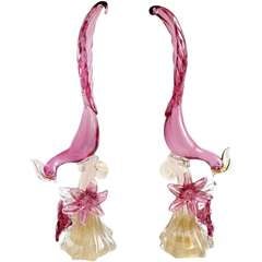 Barbini Murano Pink Birds Of Paradise Italian Art Glass Pheasant Sculptures