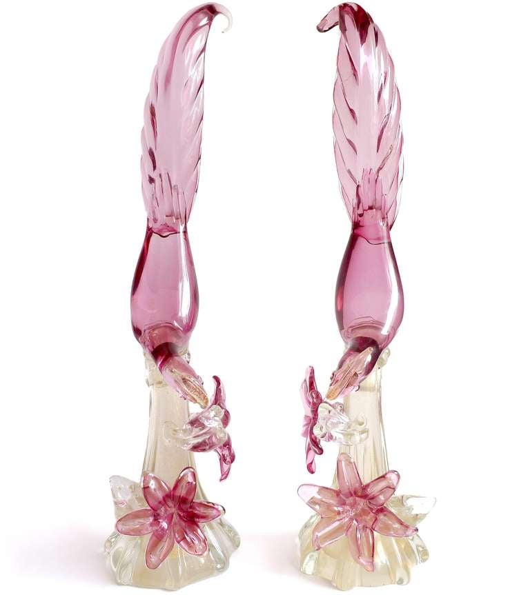 Elegant matched pair of Murano hand blown pink Sommerso and gold flecks Italian art glass Bird of Paradise / Pheasants sculptures. Documented to Alfredo Barbini, circa 1950s. Very large at 21 1/4" tall, and a true matched pair, as you can see